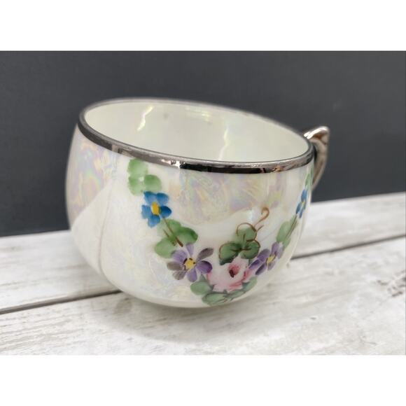 Vintage B And D Hand Painted Flowers Design Iridescent Silver Trimmed Teacup - Picture 5 of 12